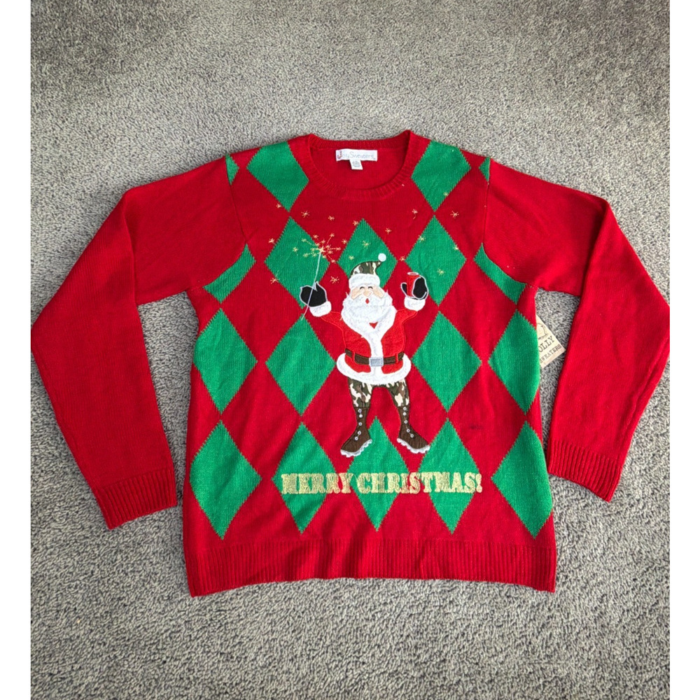 Jolly Sweaters Sweater Mens L Red Santa Merry Christmas Argyle Knit Pullover